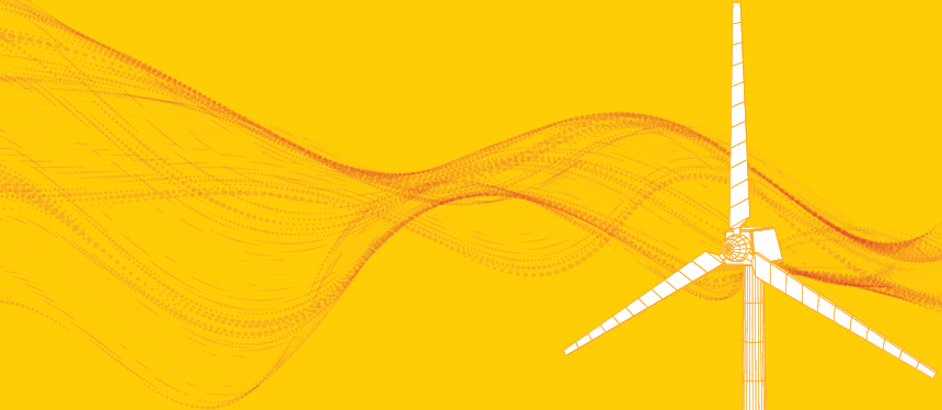 This is a line drawing of a wind turbine with three blades on a yellow background. Waves of red lines representing wind swirl over the image. 