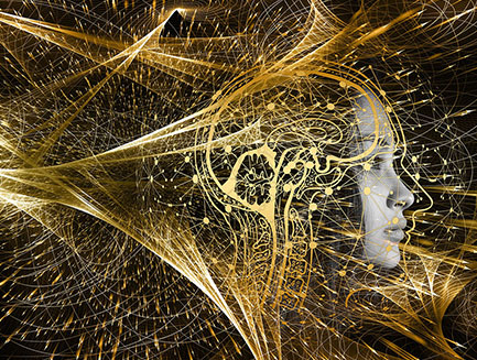 black and gold graphic imagery of a brain and human head