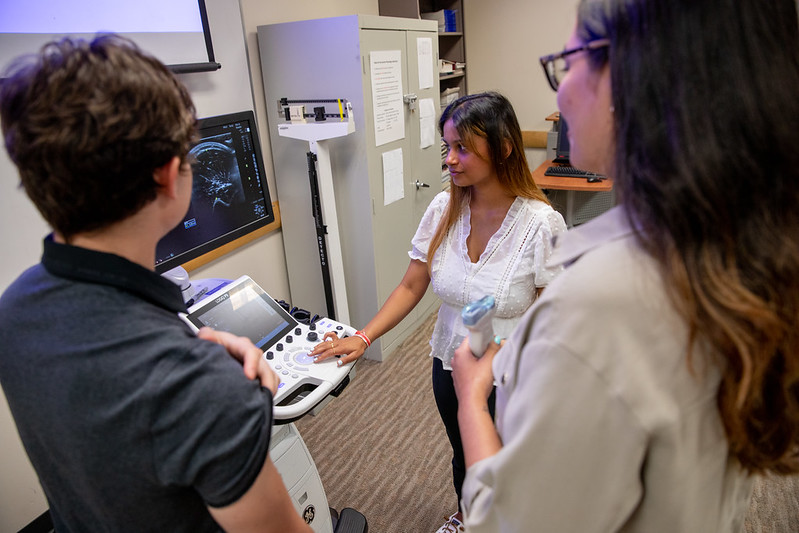 three students observe ultrasound